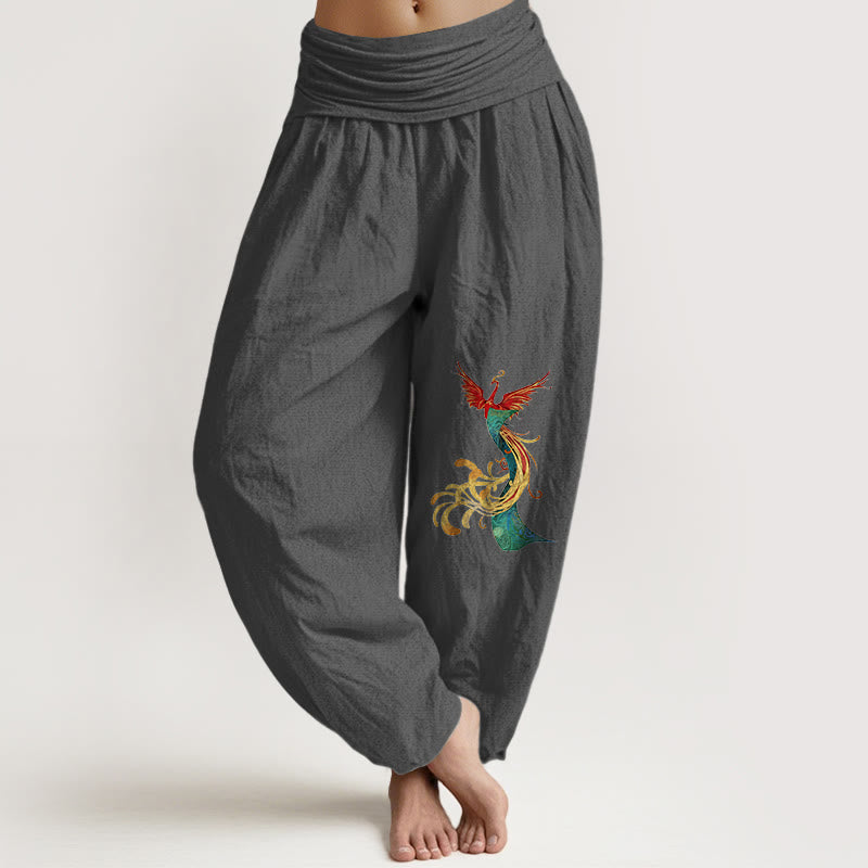 Pantalones bombachos de mujer Buddha Stones , de algodón puro, con estampado de fénix de colores y cintura elástica. - Gris tenue - US16，UK/AU20，EU48 (3XL) - image 8