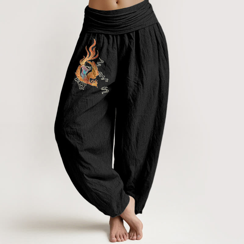 Pantalones tipo harem de cintura elástica con estampado de nubes auspiciosas y fénix para mujer de Buddha Stones, 100% algodón. - Negro - US16，UK/AU20，EU48 (3XL) - image 5