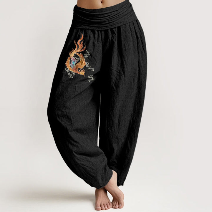 Pantalones tipo harem de cintura elástica con estampado de nubes auspiciosas y fénix para mujer de Buddha Stones, 100% algodón. - Negro - US16，UK/AU20，EU48 (3XL) - image 5