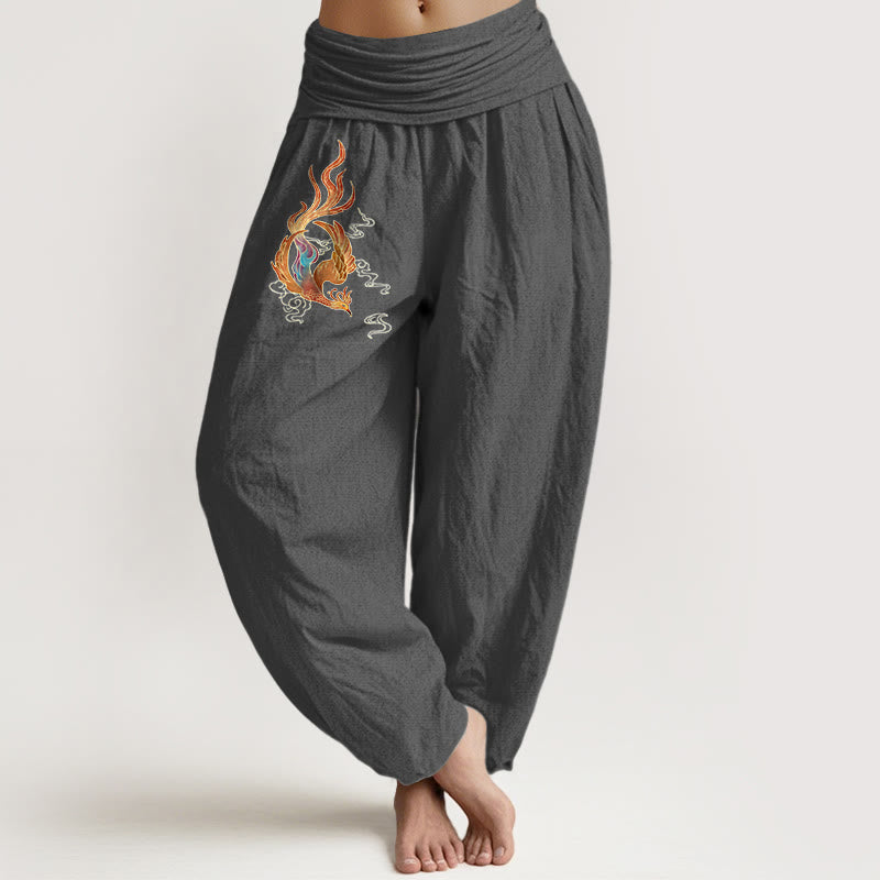 Pantalones tipo harem de cintura elástica con estampado de nubes auspiciosas y fénix para mujer de Buddha Stones, 100% algodón. - Gris tenue - US16，UK/AU20，EU48 (3XL) - image 8