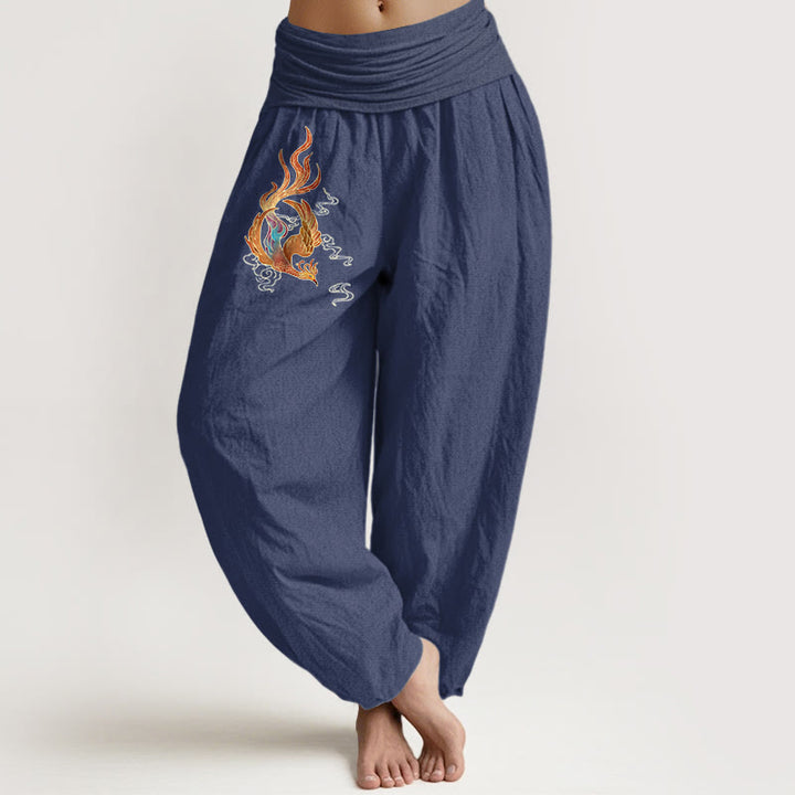 Pantalones tipo harem de cintura elástica con estampado de nubes auspiciosas y fénix para mujer de Buddha Stones, 100% algodón. - Azul pizarra oscuro - US16，UK/AU20，EU48 (3XL) - image 0