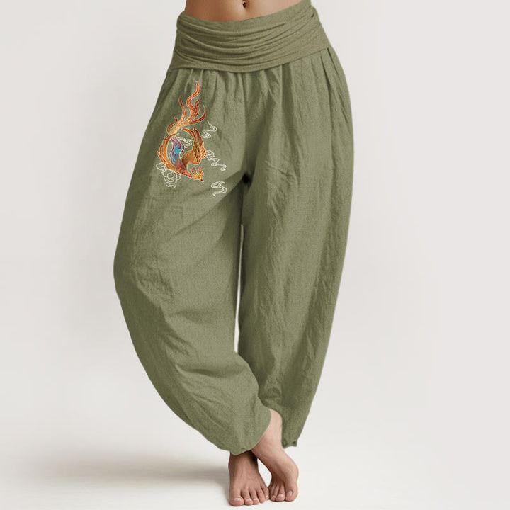 Pantalones tipo harem de cintura elástica con estampado de nubes auspiciosas y fénix para mujer de Buddha Stones, 100% algodón. - Verde oliva - US16，UK/AU20，EU48 (3XL) - image 14
