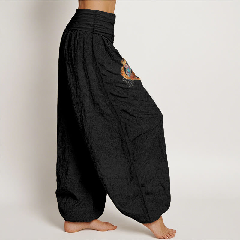 Pantalones tipo harem de cintura elástica con estampado de nubes auspiciosas y fénix para mujer de Buddha Stones, 100% algodón. - image 6