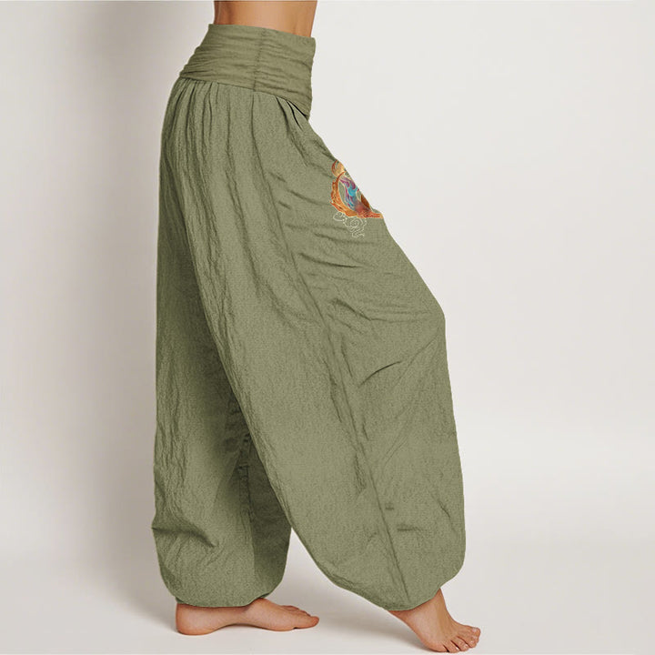 Pantalones tipo harem de cintura elástica con estampado de nubes auspiciosas y fénix para mujer de Buddha Stones, 100% algodón. - image 15