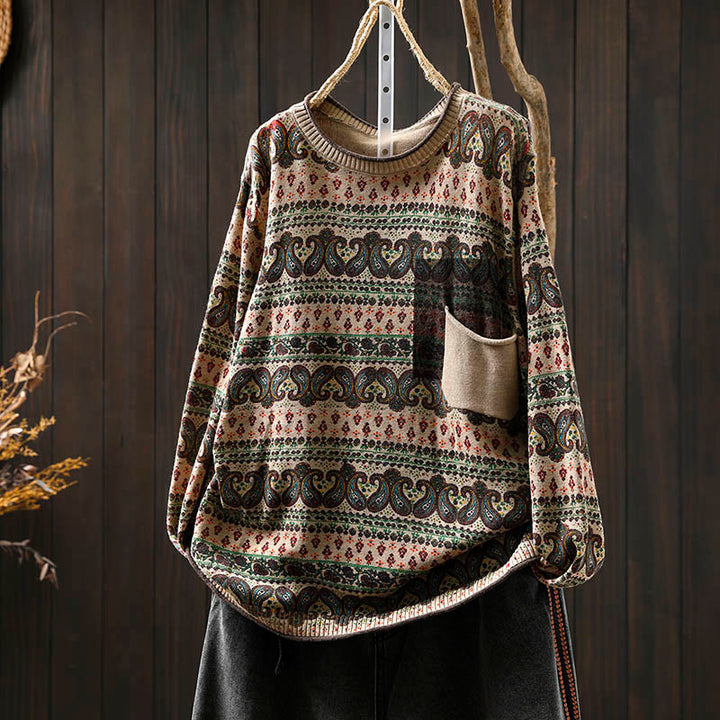 Suéter de algodón para mujer con cuello redondo, manga larga, estampado floral otoñal de Buddha Stones y bolsillo. - Blanco antiguo - US4-6, UK/AU8-10, EU36-38 (F) - image 0