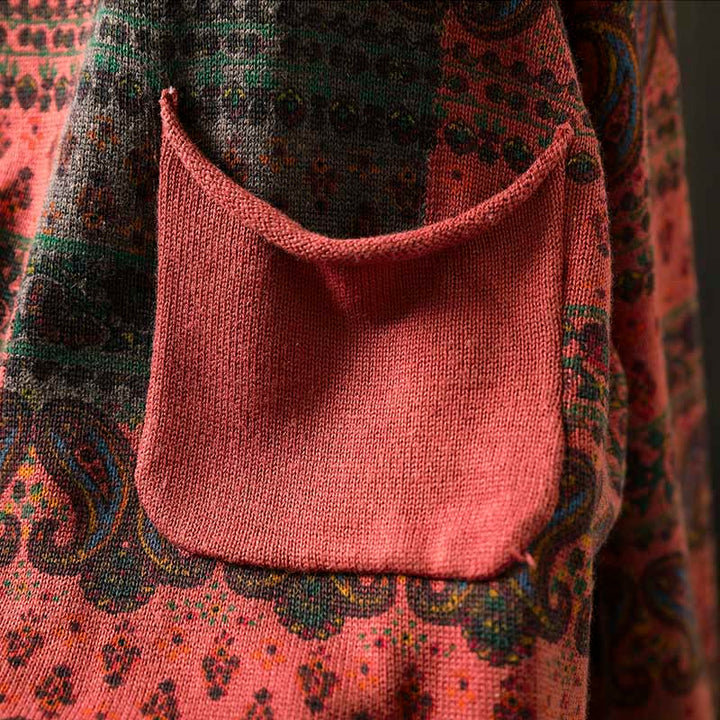 Suéter de algodón para mujer con cuello redondo, manga larga, estampado floral otoñal de Buddha Stones y bolsillo. - image 7