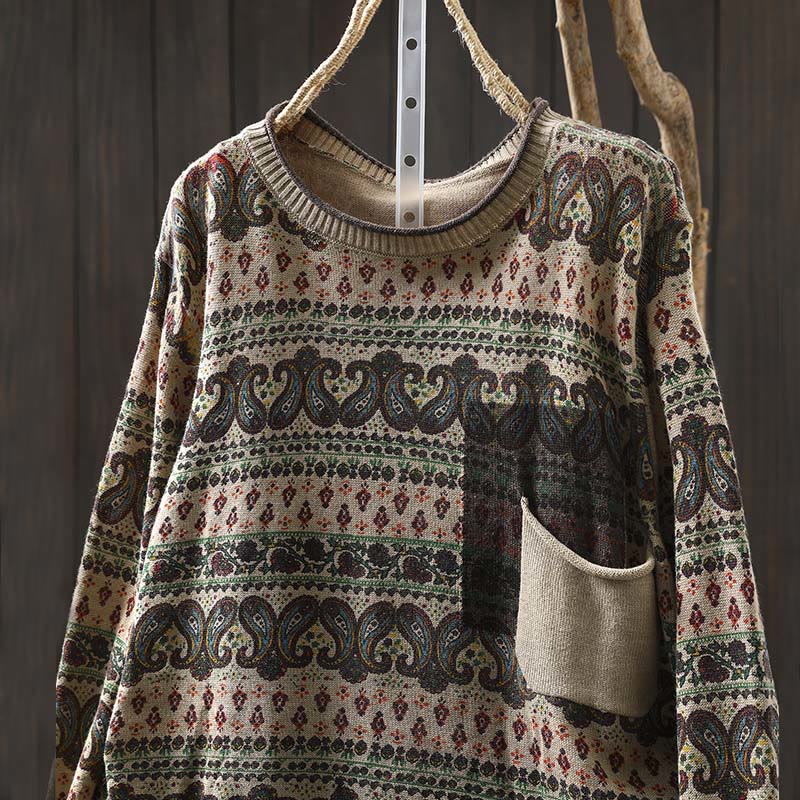 Suéter de algodón para mujer con cuello redondo, manga larga, estampado floral otoñal de Buddha Stones y bolsillo. - image 1