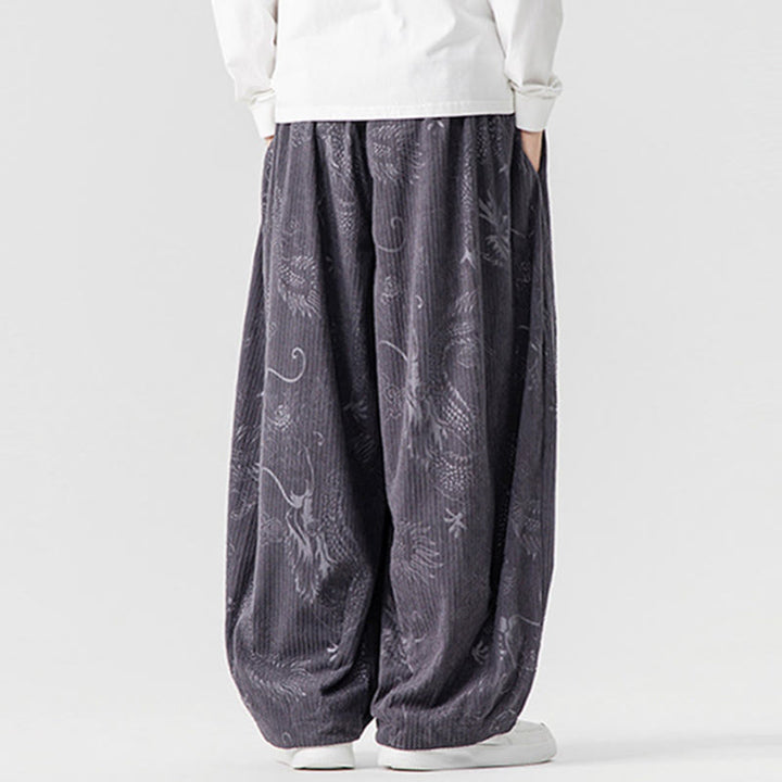 Pantalones tipo harem para hombre, de pana de algodón, con estampado de dragón y fénix de invierno con Buddha Stones y bolsillos. - image 28