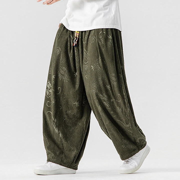 Pantalones tipo harem para hombre, de pana de algodón, con estampado de dragón y fénix de invierno con Buddha Stones y bolsillos. - image 4