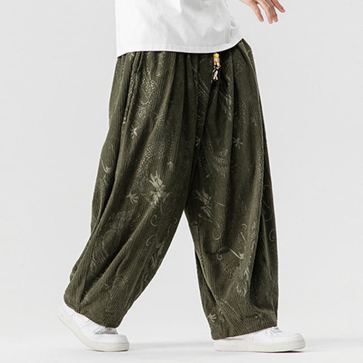 Pantalones tipo harem para hombre, de pana de algodón, con estampado de dragón y fénix de invierno con Buddha Stones y bolsillos. - image 5
