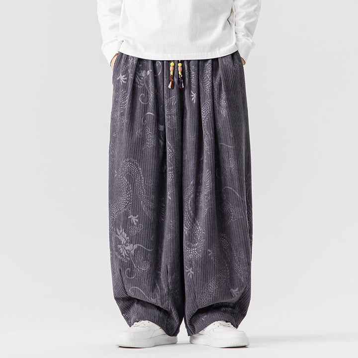 Pantalones tipo harem para hombre, de pana de algodón, con estampado de dragón y fénix de invierno con Buddha Stones y bolsillos. - Gris pizarra claro - US/UK/AU46, EU56 (5XL) - image 24