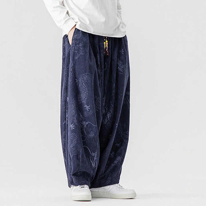 Pantalones tipo harem para hombre, de pana de algodón, con estampado de dragón y fénix de invierno con Buddha Stones y bolsillos. - image 19
