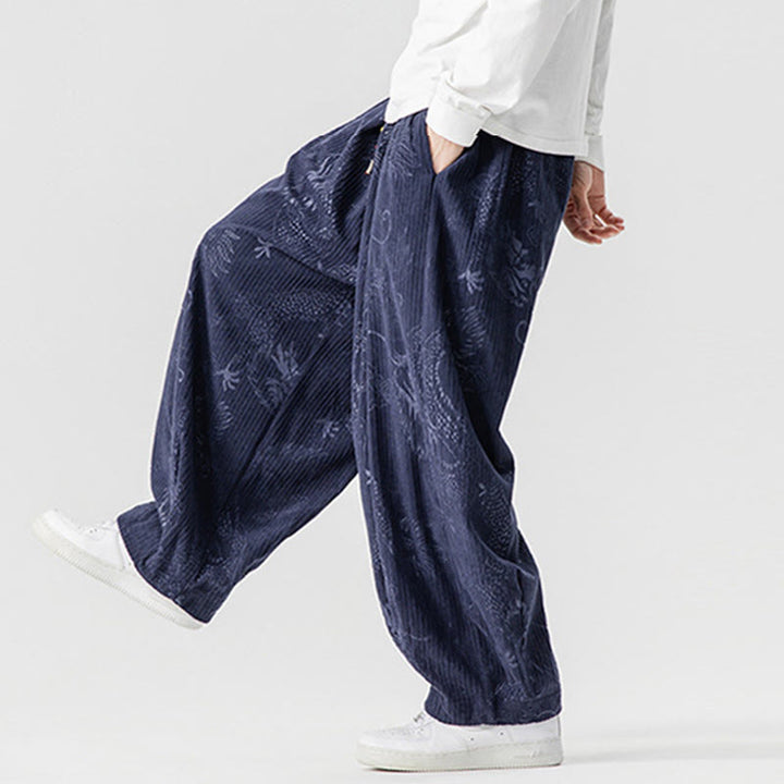 Pantalones tipo harem para hombre, de pana de algodón, con estampado de dragón y fénix de invierno con Buddha Stones y bolsillos. - image 23