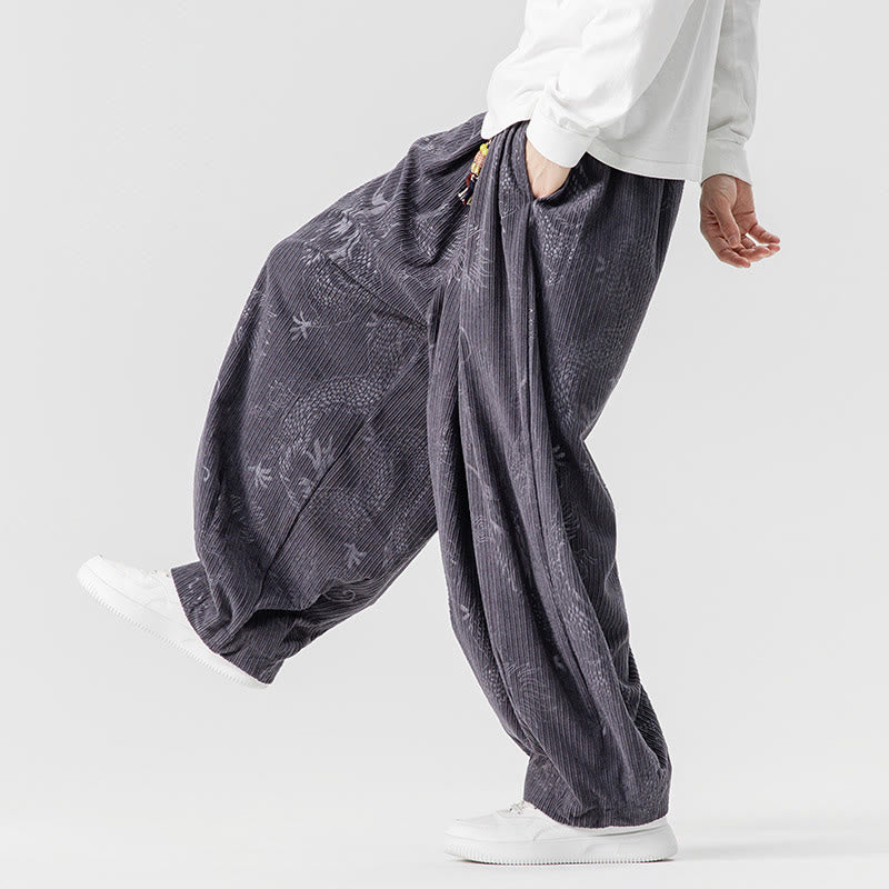 Pantalones tipo harem para hombre, de pana de algodón, con estampado de dragón y fénix de invierno con Buddha Stones y bolsillos. - image 30