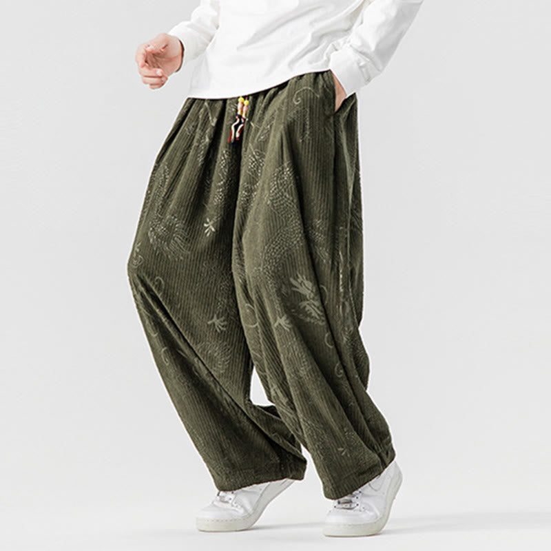 Pantalones tipo harem para hombre, de pana de algodón, con estampado de dragón y fénix de invierno con Buddha Stones y bolsillos. - image 6