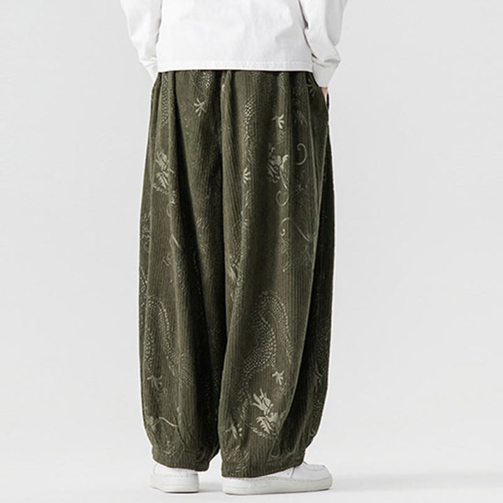 Pantalones tipo harem para hombre, de pana de algodón, con estampado de dragón y fénix de invierno con Buddha Stones y bolsillos. - image 3