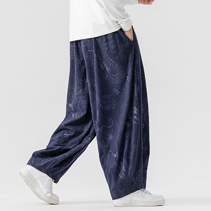 Pantalones tipo harem para hombre, de pana de algodón, con estampado de dragón y fénix de invierno con Buddha Stones y bolsillos. - image 21