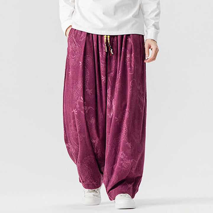 Pantalones tipo harem para hombre, de pana de algodón, con estampado de dragón y fénix de invierno con Buddha Stones y bolsillos. - image 10
