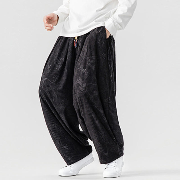 Pantalones tipo harem para hombre, de pana de algodón, con estampado de dragón y fénix de invierno con Buddha Stones y bolsillos. - image 36