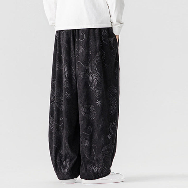 Pantalones tipo harem para hombre, de pana de algodón, con estampado de dragón y fénix de invierno con Buddha Stones y bolsillos. - image 33