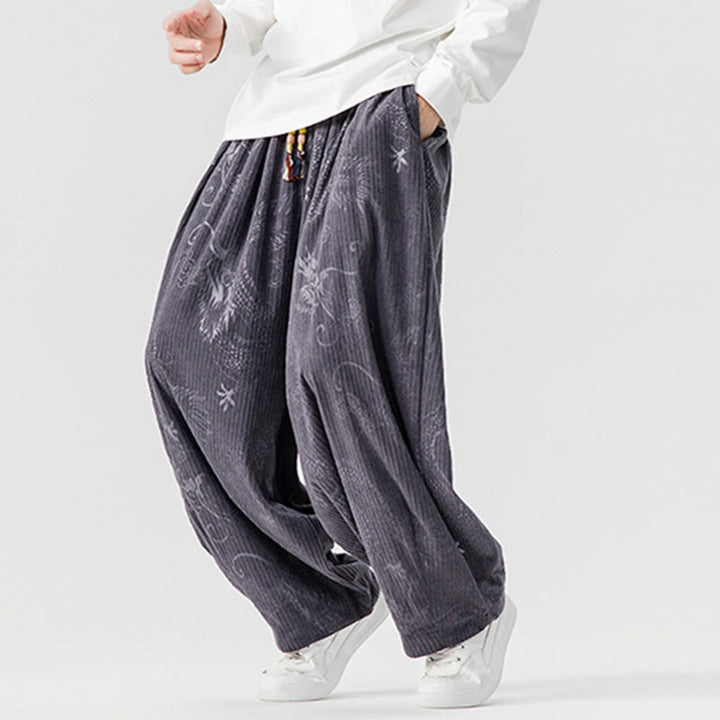 Pantalones tipo harem para hombre, de pana de algodón, con estampado de dragón y fénix de invierno con Buddha Stones y bolsillos. - image 29
