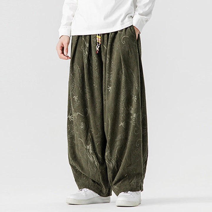 Pantalones tipo harem para hombre, de pana de algodón, con estampado de dragón y fénix de invierno con Buddha Stones y bolsillos. - image 2