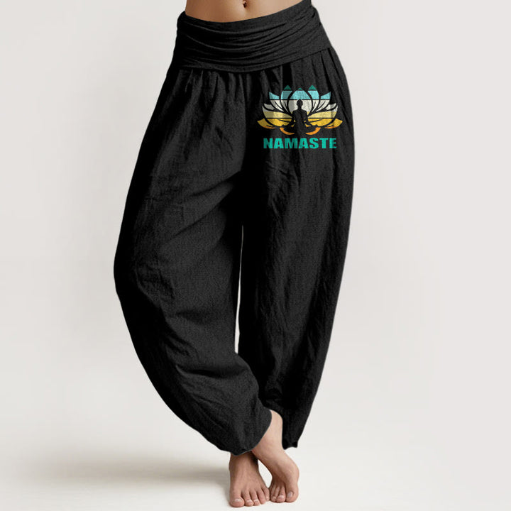 Pantalones bombachos de algodón puro con cintura elástica y estampado de loto con figura meditando y Buddha Stones "Namaste". - Negro - US16，UK/AU20，EU48 (3XL) - image 0