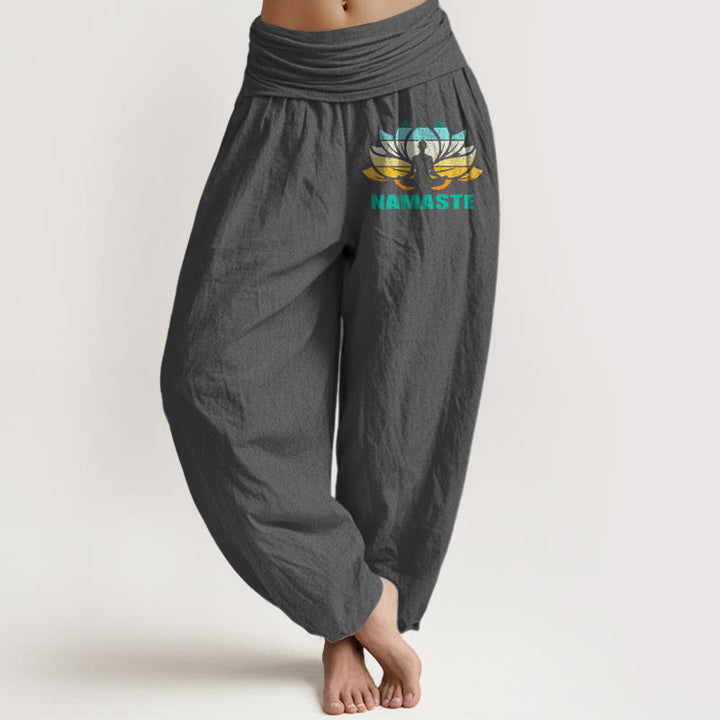 Pantalones bombachos de algodón puro con cintura elástica y estampado de loto con figura meditando y Buddha Stones "Namaste". - Gris tenue - US16，UK/AU20，EU48 (3XL) - image 8