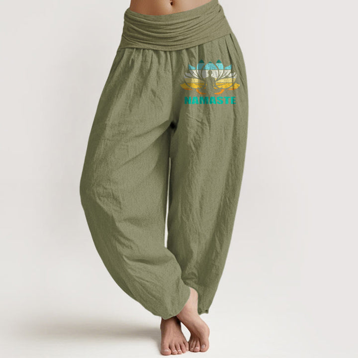 Pantalones bombachos de algodón puro con cintura elástica y estampado de loto con figura meditando y Buddha Stones "Namaste". - Verde oliva - US16，UK/AU20，EU48 (3XL) - image 14