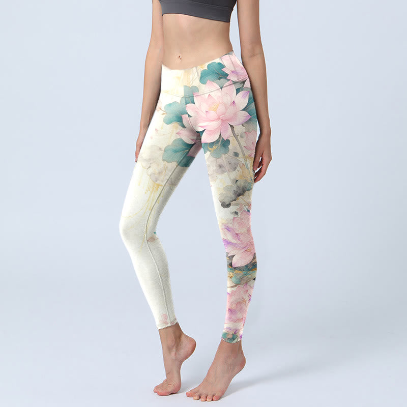 Leggings de gimnasio con estampado de Buddha Stones de loto y hojas, pantalones de yoga para mujer - Blanco fantasma - US18，UK/AU22，EU50 (4XL) - image 0