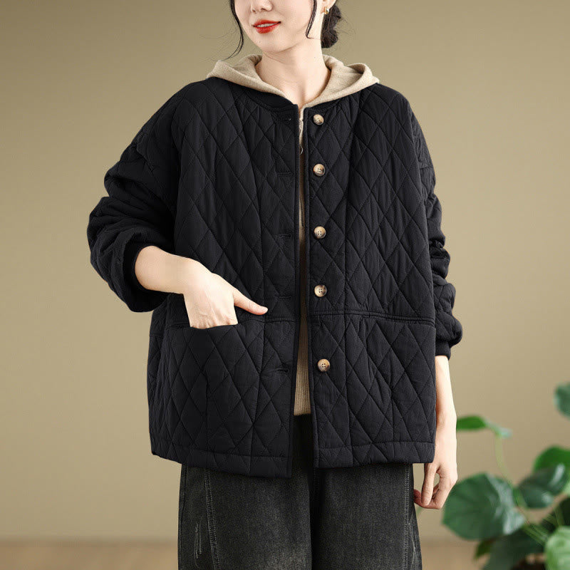 Chaqueta de manga larga para mujer, de algodón grueso, con estampado de rombos y Buddha Stones , con bolsillos. - Negro - US12, UK/AU16, EU44 (3XL) - image 0
