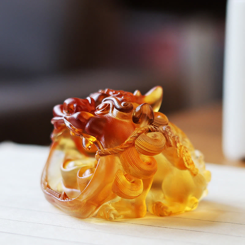 Buddha Stones hechas a mano, cristal Liuli dorado, pieza de arte PiXiu tragando, decoración para el hogar - Pixiu amarillo 7,8*6,5*5,5 cm - image 0