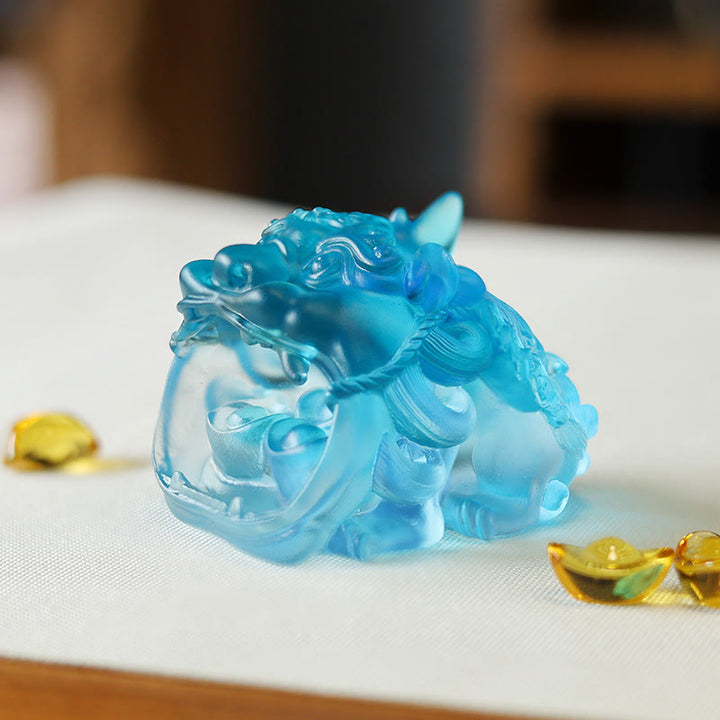 Buddha Stones hechas a mano, cristal Liuli dorado, pieza de arte PiXiu tragando, decoración para el hogar - Pixiu azul 7,8 x 6,5 x 5,5 cm - image 8