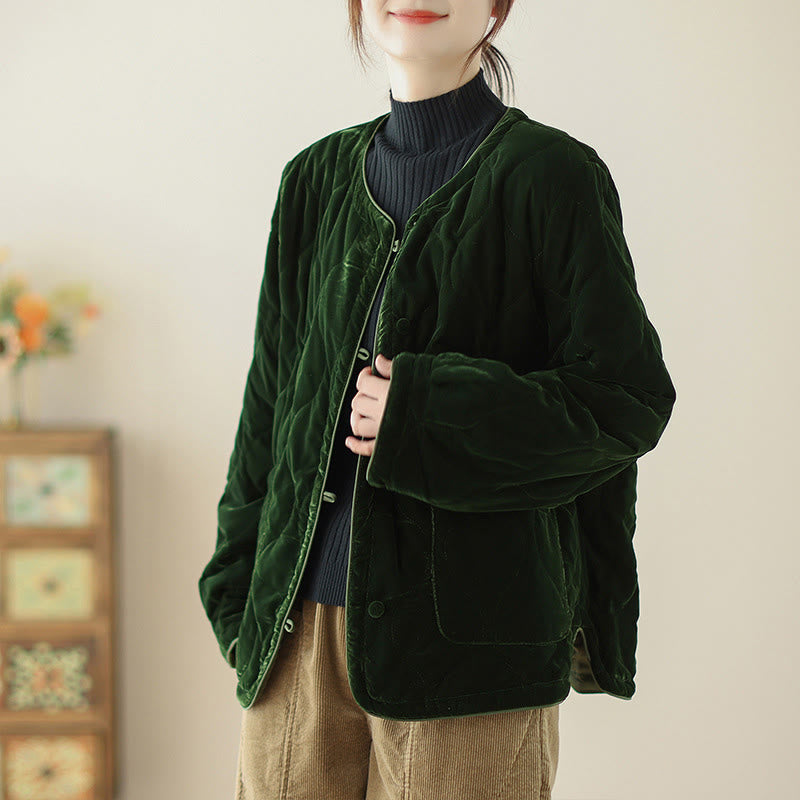 Chaqueta corta de manga larga para mujer, estilo grueso, con bolsillos y estampado de diamantes y Buddha Stones. - Verde oscuro - US12, UK/AU16, EU44 (2XL) - image 0