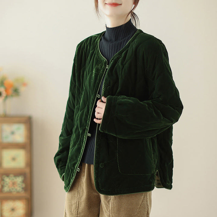 Chaqueta corta de manga larga para mujer, estilo grueso, con bolsillos y estampado de diamantes y Buddha Stones. - Verde oscuro - US12, UK/AU16, EU44 (2XL) - image 0