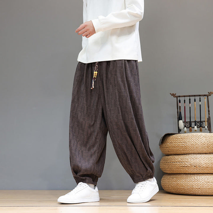 Pantalones bombachos de algodón de pana con estampado de cuadros jacquard otoñal y Buddha Stones para hombre, con bolsillos. - Marrón silla de montar - US/UK/AU46, EU56 (5XL) - image 0