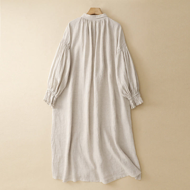 Vestido midi de algodón de manga larga con diseño de solapa, botones color beige y estampado de Buddha Stones, con bolsillos. - image 1