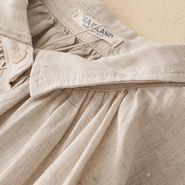 Vestido midi de algodón de manga larga con diseño de solapa, botones color beige y estampado de Buddha Stones, con bolsillos. - image 3