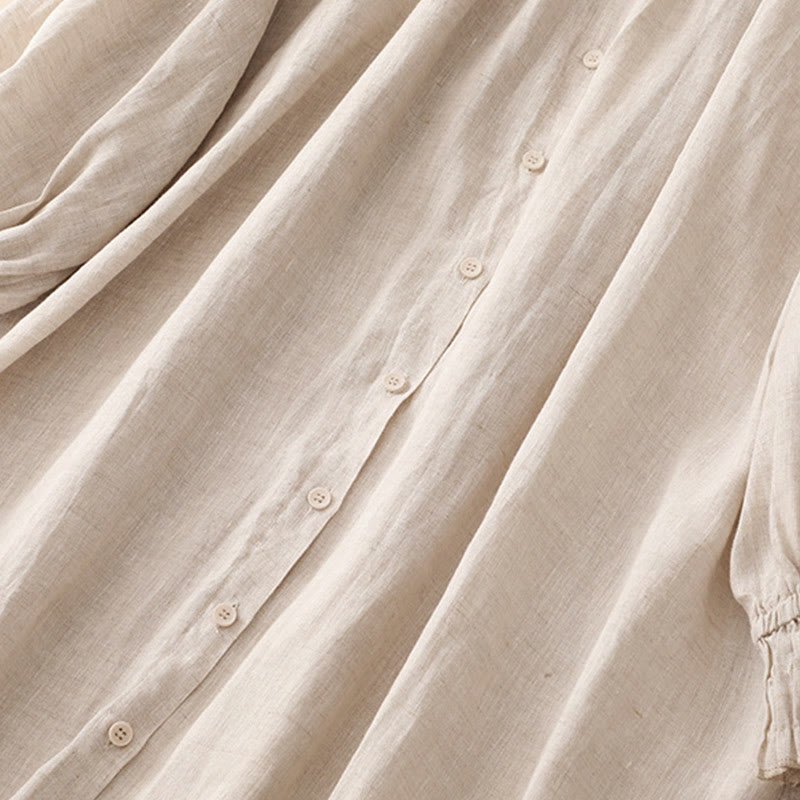 Vestido midi de algodón de manga larga con diseño de solapa, botones color beige y estampado de Buddha Stones, con bolsillos. - image 5