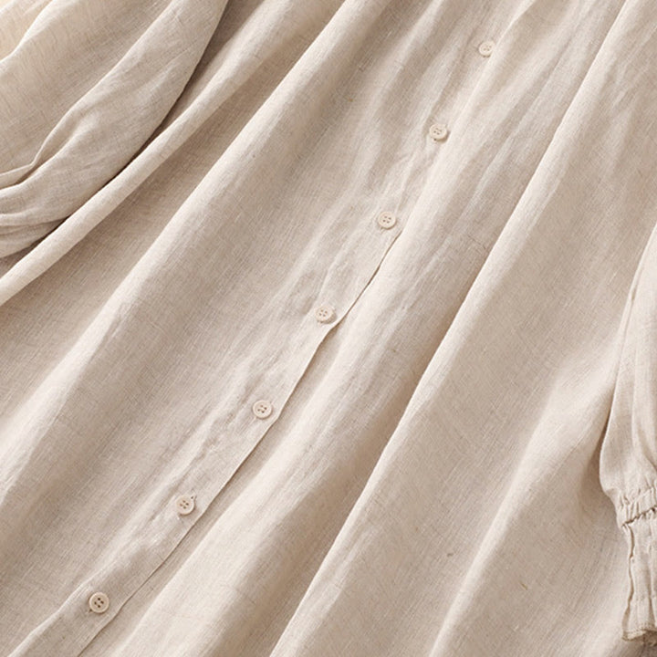 Vestido midi de algodón de manga larga con diseño de solapa, botones color beige y estampado de Buddha Stones, con bolsillos. - image 5