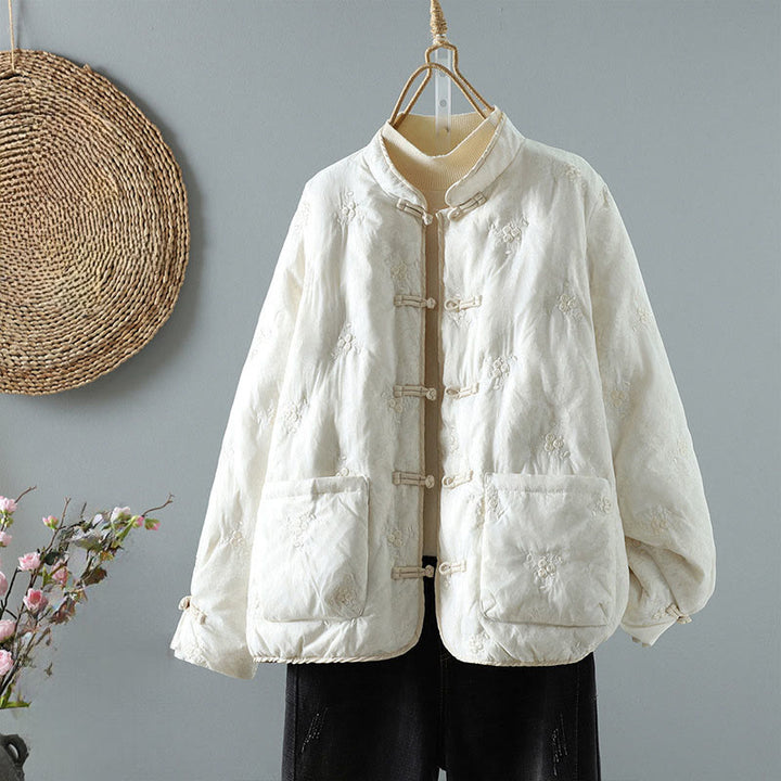 Chaqueta de algodón grueso de manga larga para mujer con cuello alto, botones de rana, estampado floral de Buddha Stones y bolsillos. - Marfil - US8-10，UK/AU12-14，EU40-42 (2XL) - image 0