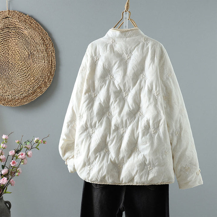 Chaqueta de algodón grueso de manga larga para mujer con cuello alto, botones de rana, estampado floral de Buddha Stones y bolsillos. - image 2