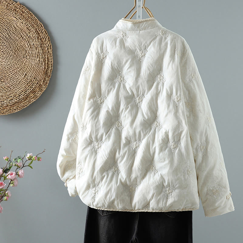 Chaqueta de algodón grueso de manga larga para mujer con cuello alto, botones de rana, estampado floral de Buddha Stones y bolsillos. - image 1