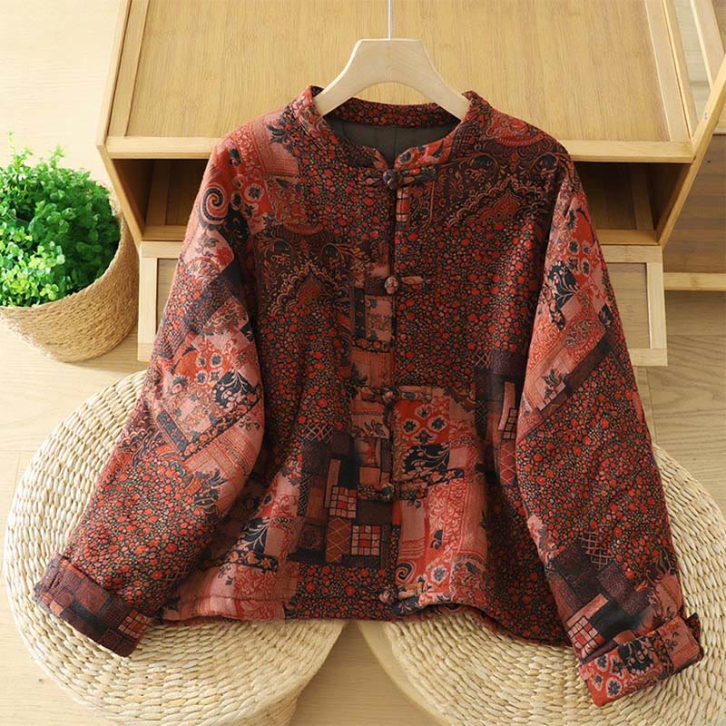 Chaqueta térmica de algodón con botones de rana y manga larga con estampado floral étnico para mujer de Buddha Stones - Ladrillo refractario - US12，UK/AU16，EU44 (XL) - image 0