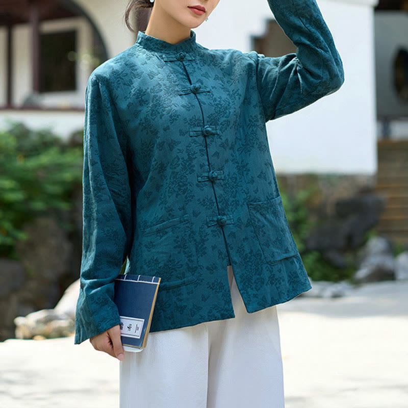 Camisa y pantalón de mujer de manga larga con botones de rana y estampado de Buddha Stones, confeccionados en algodón jacquard, con bolsillos. - Camisa azul - US8-10，UK/AU12-14，EU40-42 (2XL) - image 0