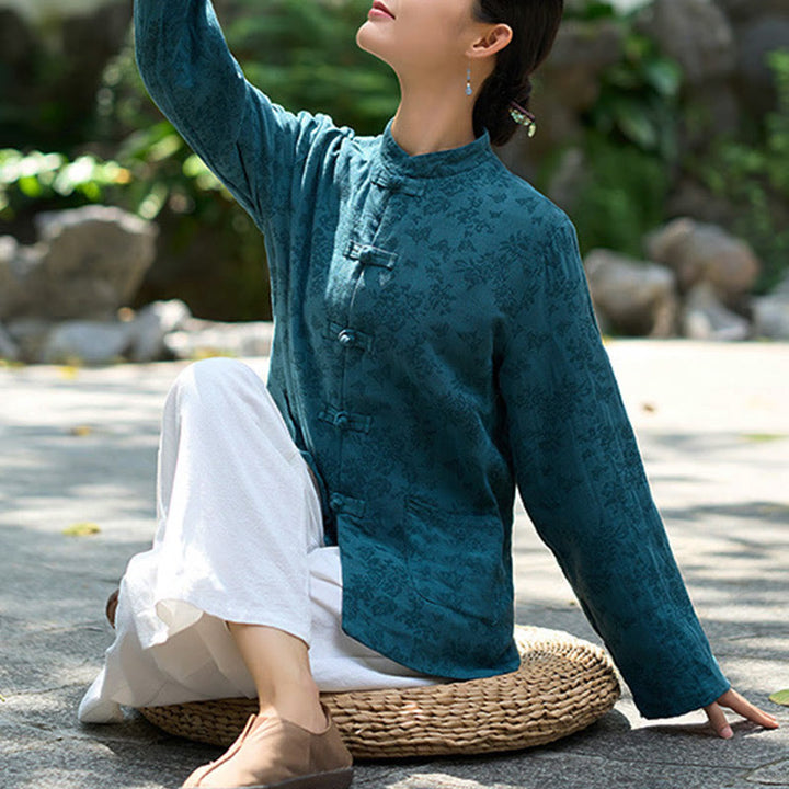 Camisa y pantalón de mujer de manga larga con botones de rana y estampado de Buddha Stones, confeccionados en algodón jacquard, con bolsillos. - image 3