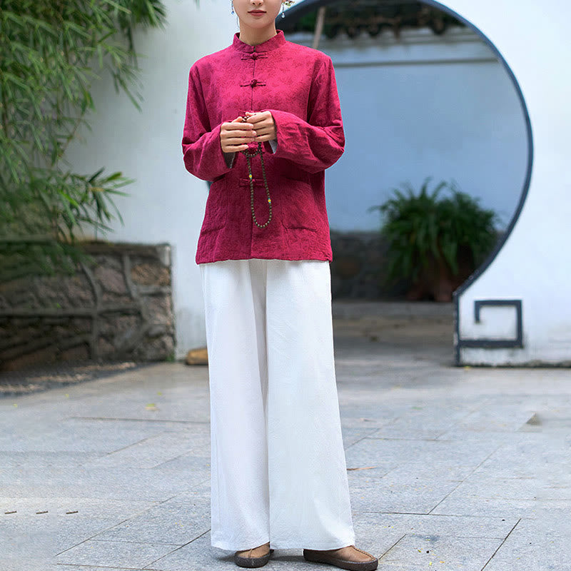 Camisa y pantalón de mujer de manga larga con botones de rana y estampado de Buddha Stones, confeccionados en algodón jacquard, con bolsillos. - image 16