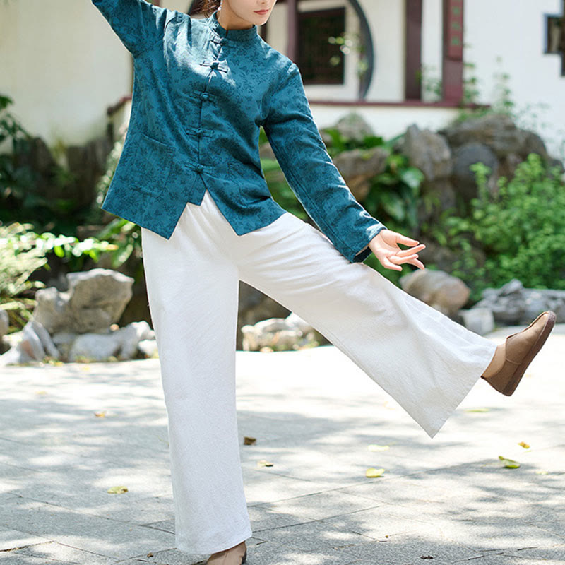 Camisa y pantalón de mujer de manga larga con botones de rana y estampado de Buddha Stones, confeccionados en algodón jacquard, con bolsillos. - image 7