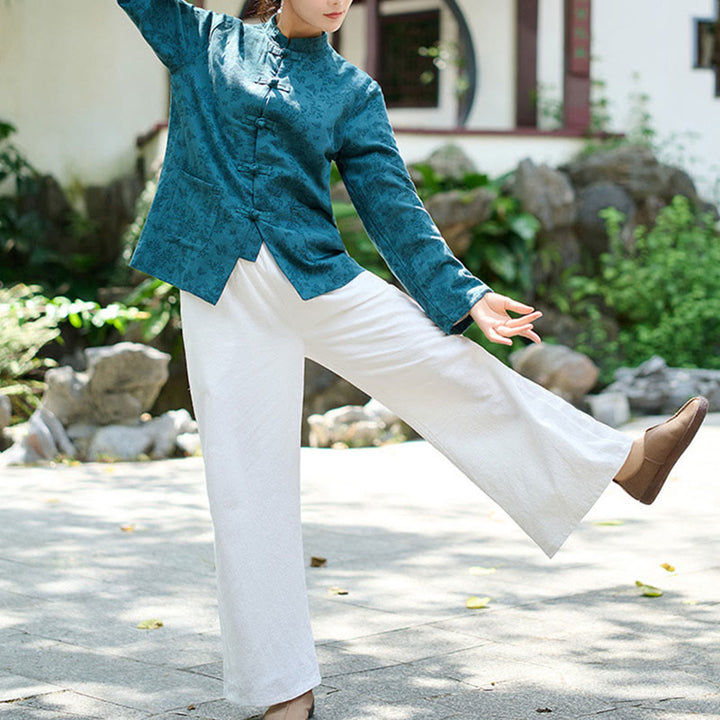 Camisa y pantalón de mujer de manga larga con botones de rana y estampado de Buddha Stones, confeccionados en algodón jacquard, con bolsillos. - image 7
