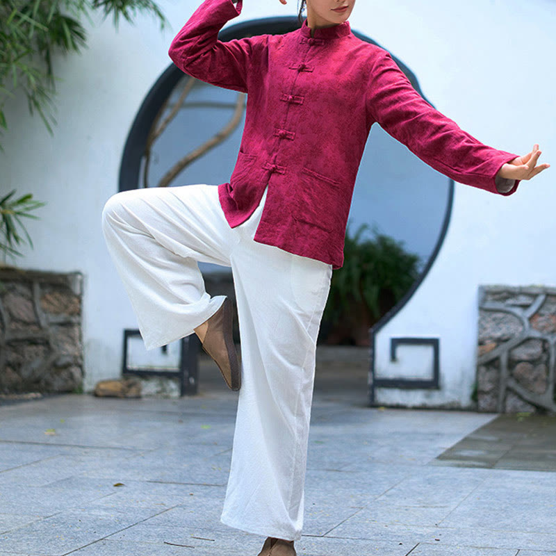 Camisa y pantalón de mujer de manga larga con botones de rana y estampado de Buddha Stones, confeccionados en algodón jacquard, con bolsillos. - image 21